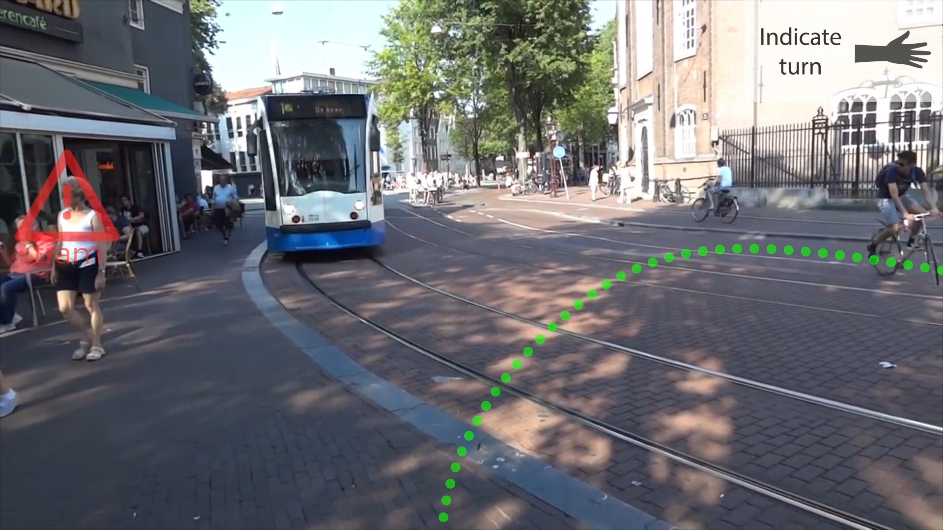 AR prototype view: a green dotted route, a tram warning and an indicate-turn sign over a street in Amsterdam