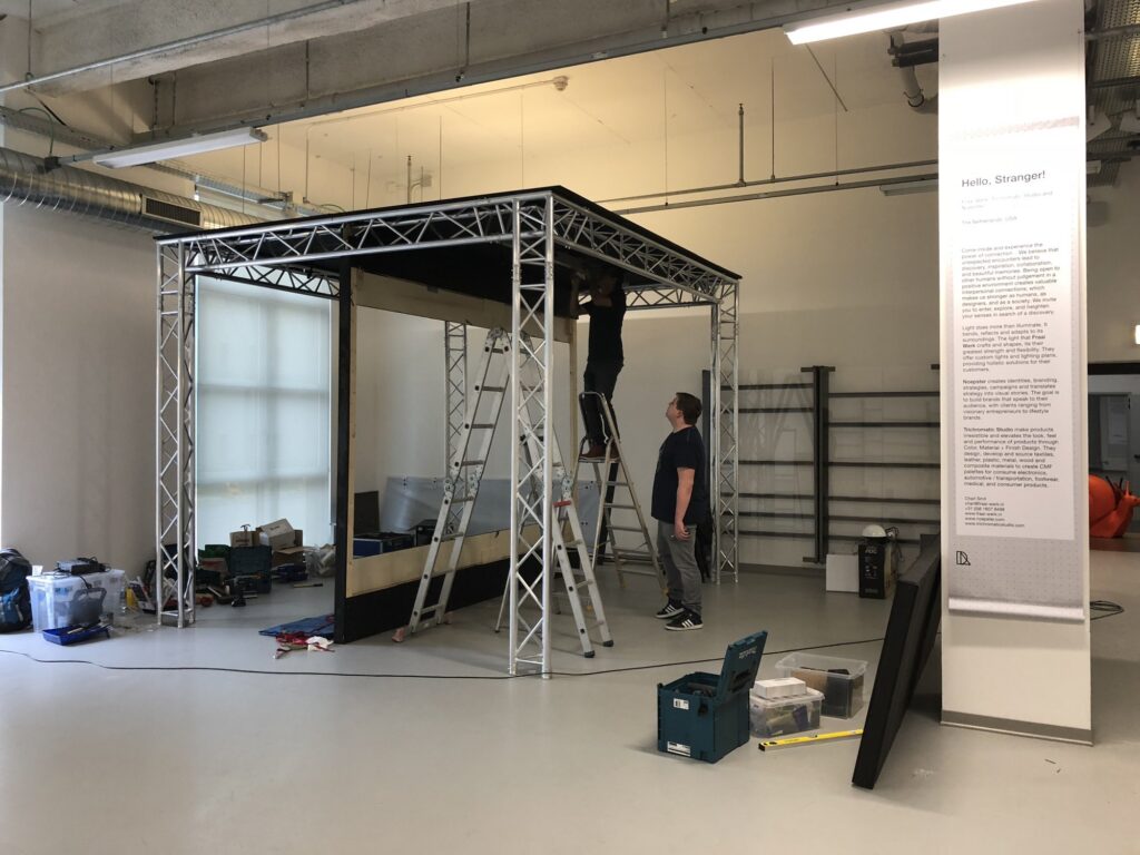 The truss frame of the installation being built in Milan