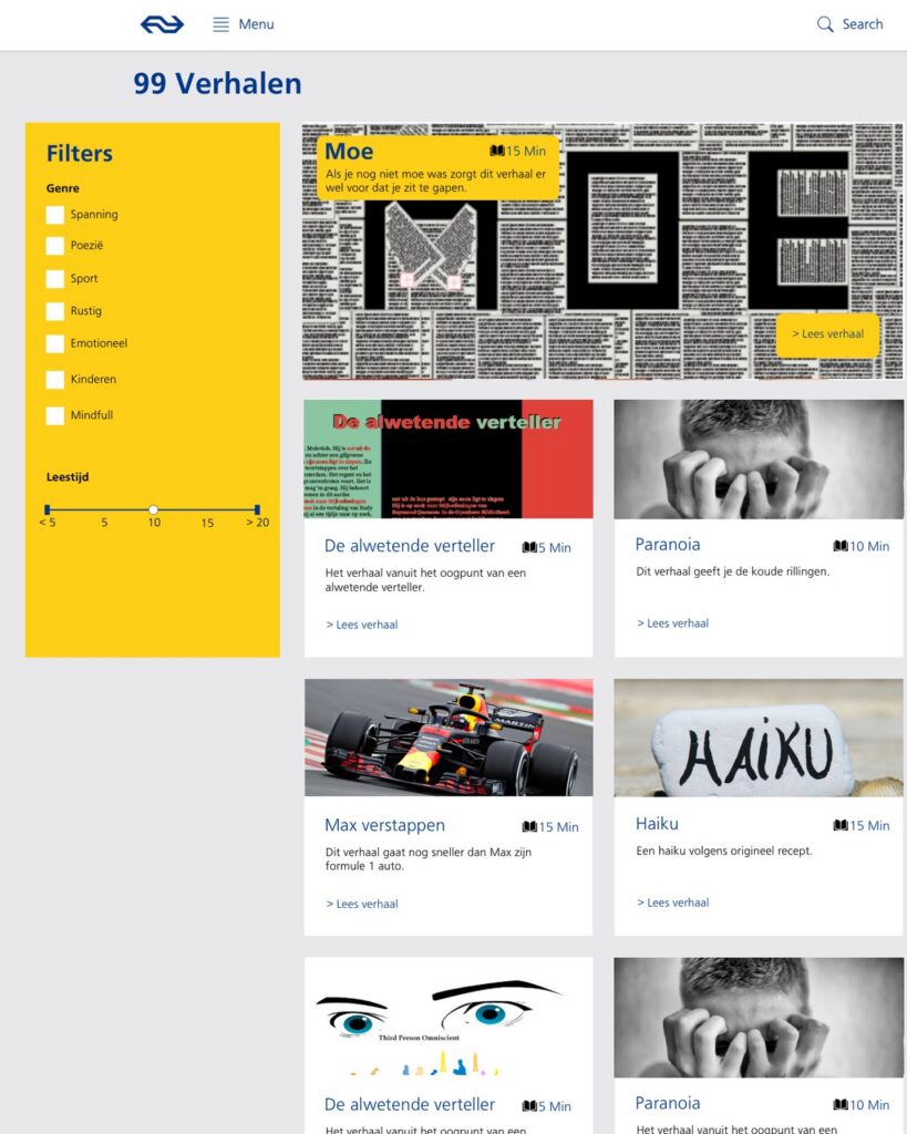 Story overview page designed for NS: 99 stories with genre and reading-time filters