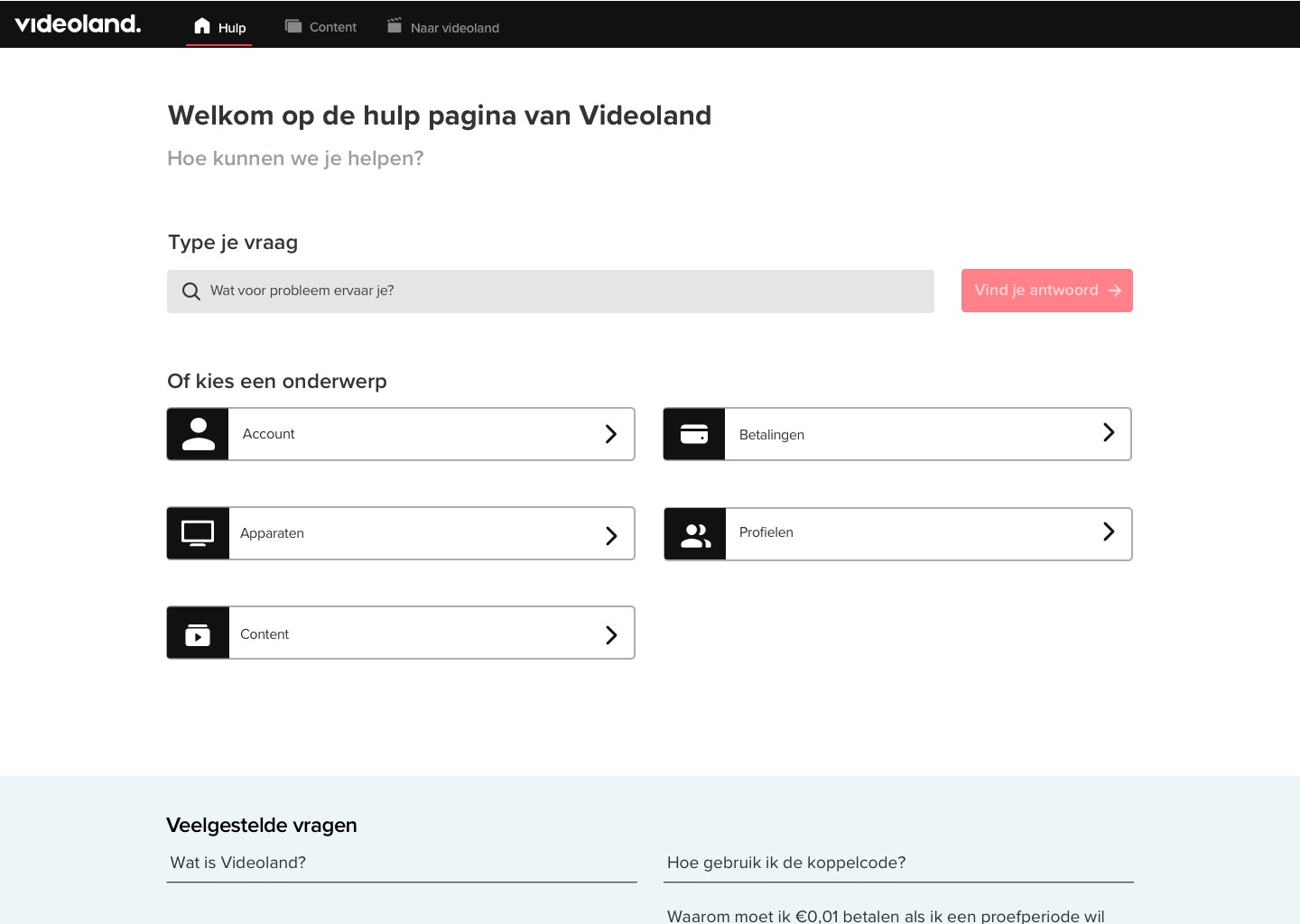 Redesigned Videoland help page: search bar, main categories and frequently asked questions