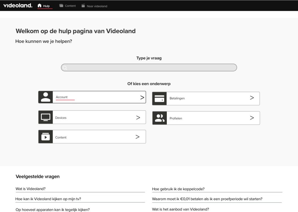 Wireframe of the Videoland help page home