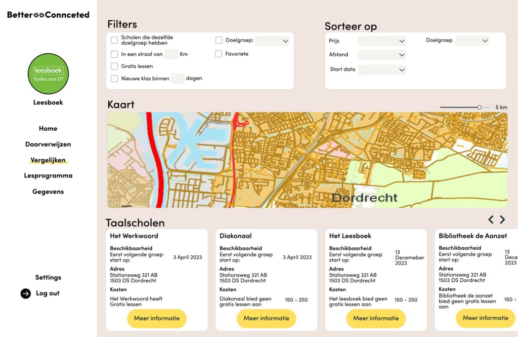 Compare screen with filters, a map and language schools