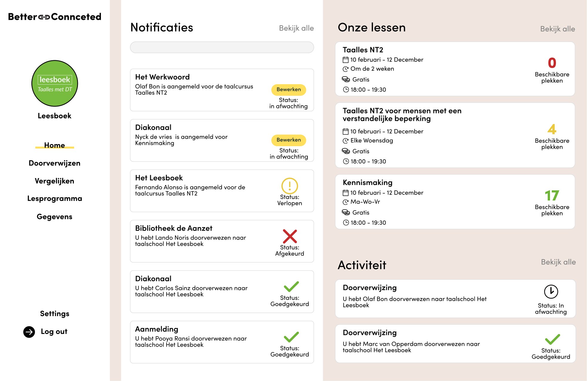 Home of the Better Connected dashboard with notifications, lessons and activity