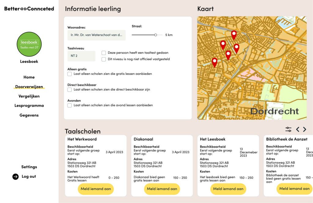 Referral screen with student information and a map of language schools in Dordrecht